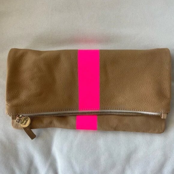 Clare V Foldover Clutch - Tan & Neon Pink - Picture 1 of 3